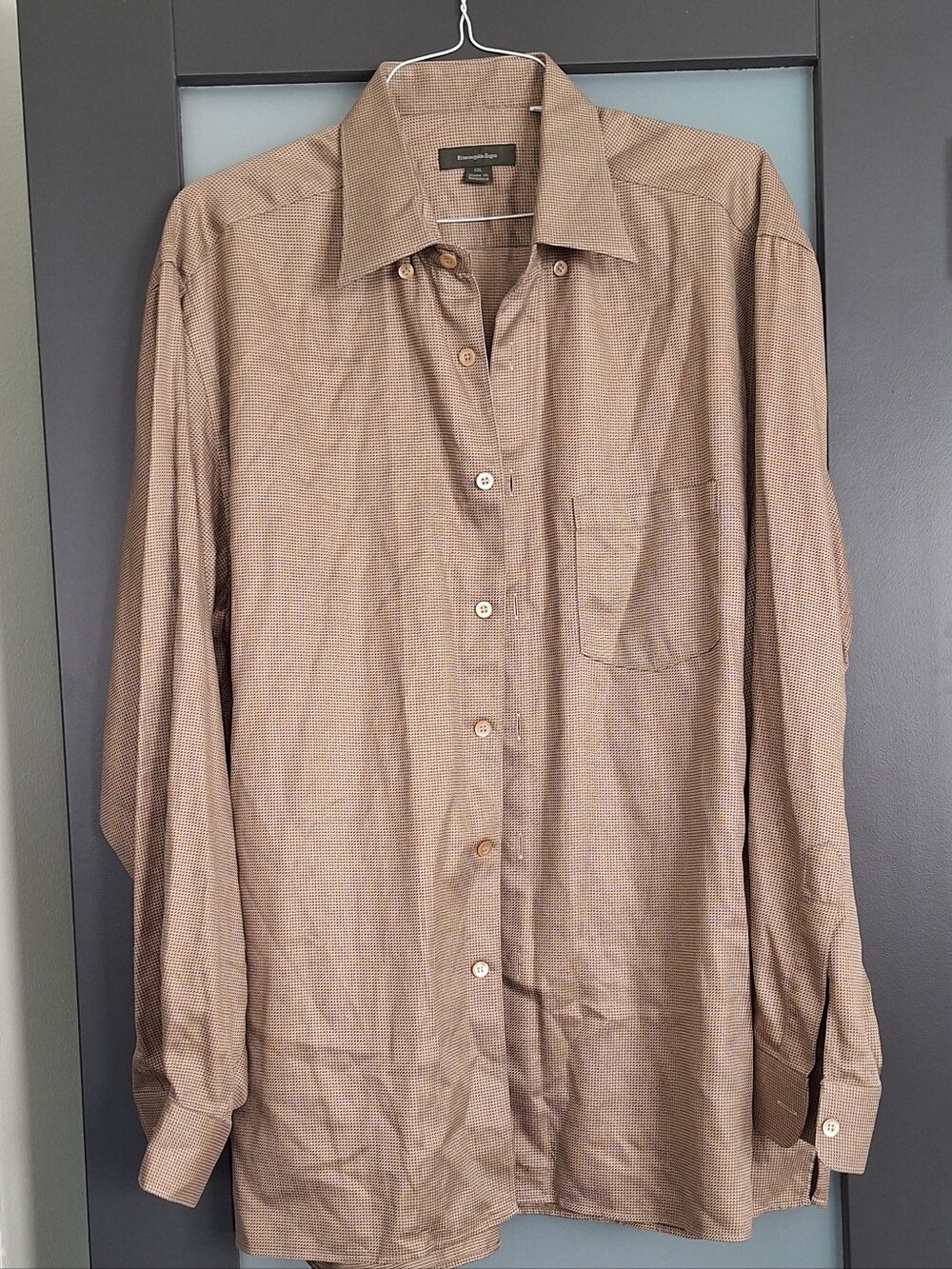Ermenegildo Zegna Shirt Size XXL Beige/Brown Houndstooth Long Sleeve Romania